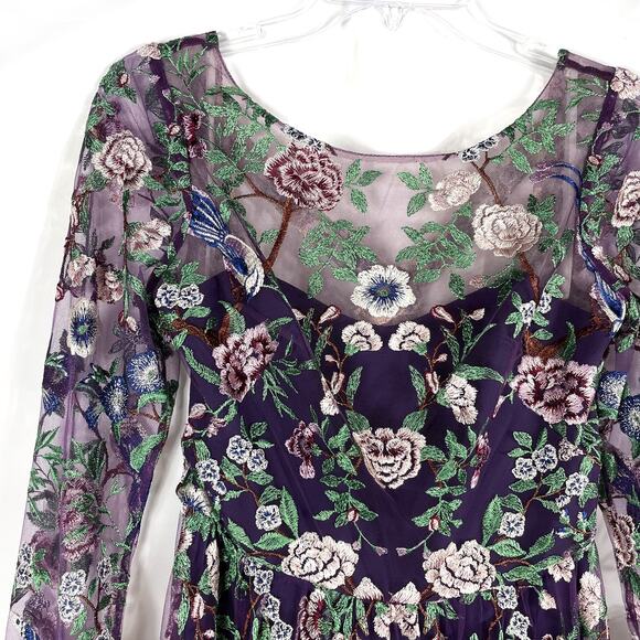Marchesa Floral Embroidered Gown Purple Green Sheer Long Sleeve Dress Sz 2 - Picture 7 of 14